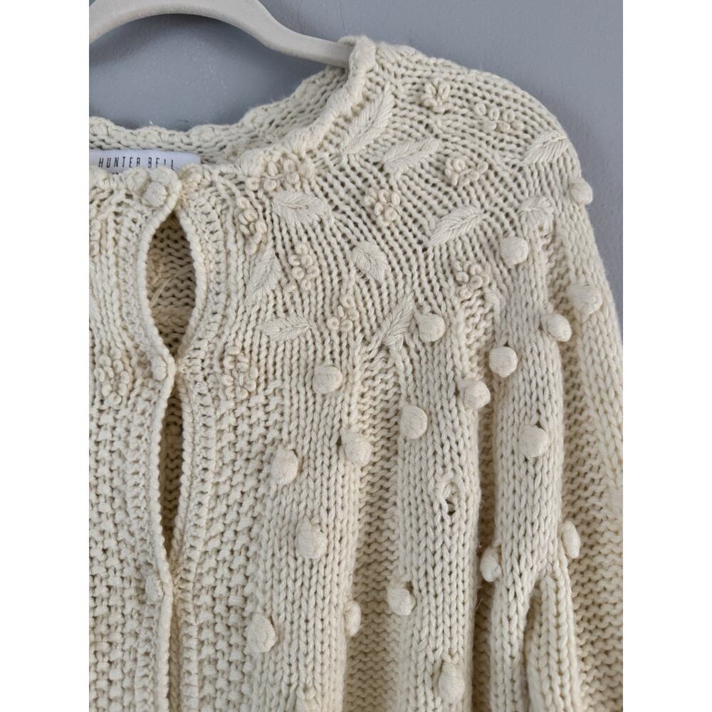 Hunter Bell Cream Pom Pom Chunky Knit Cardigan Sweater Women’s Size Large Wool - Picture 3 of 6
